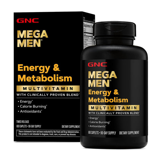 GNC Mega Men Energy and Metabolism bottle front view highlighting daily energy support