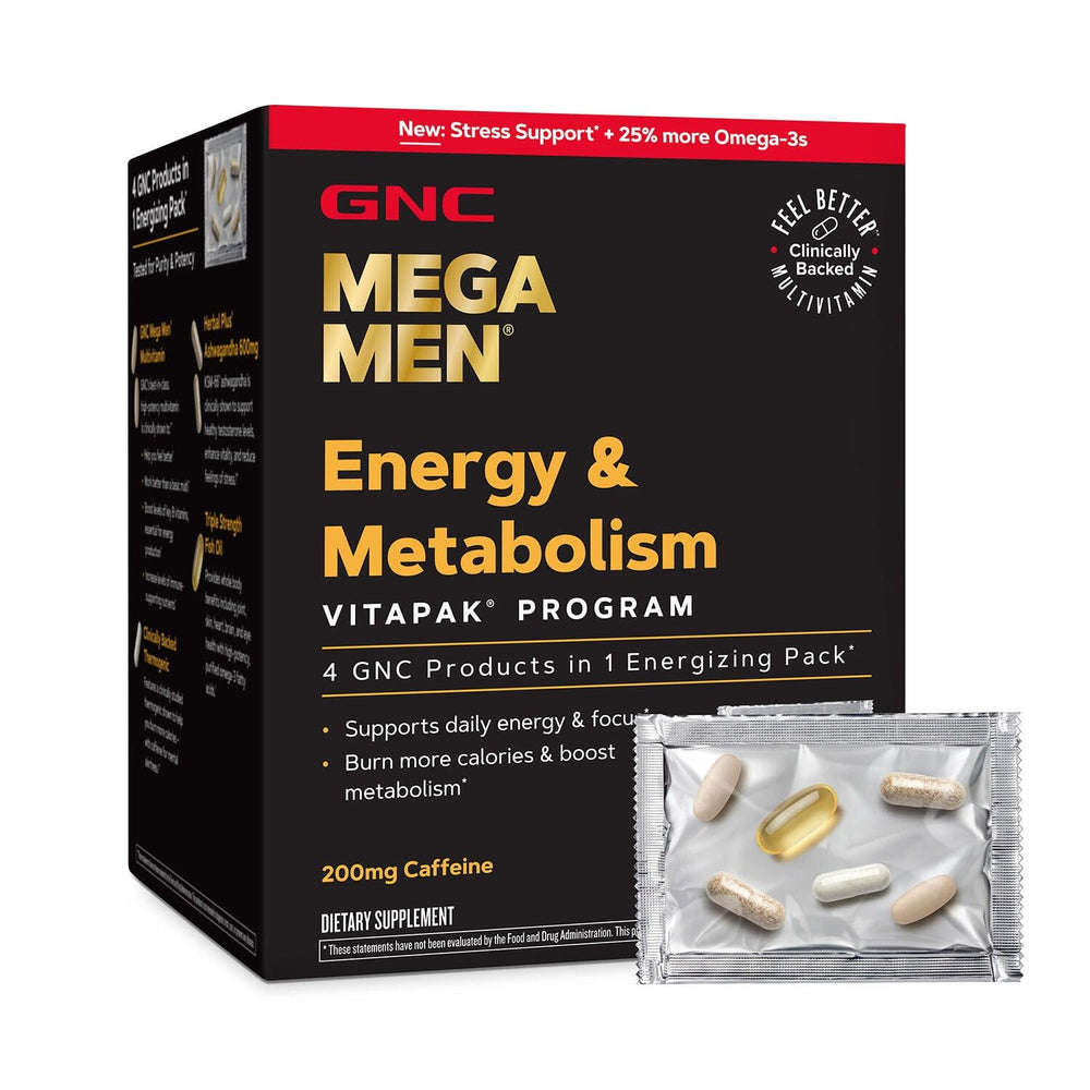 GNC Mega Men Energy & Metabolism Vitapak bottle for daily energy and metabolism support.