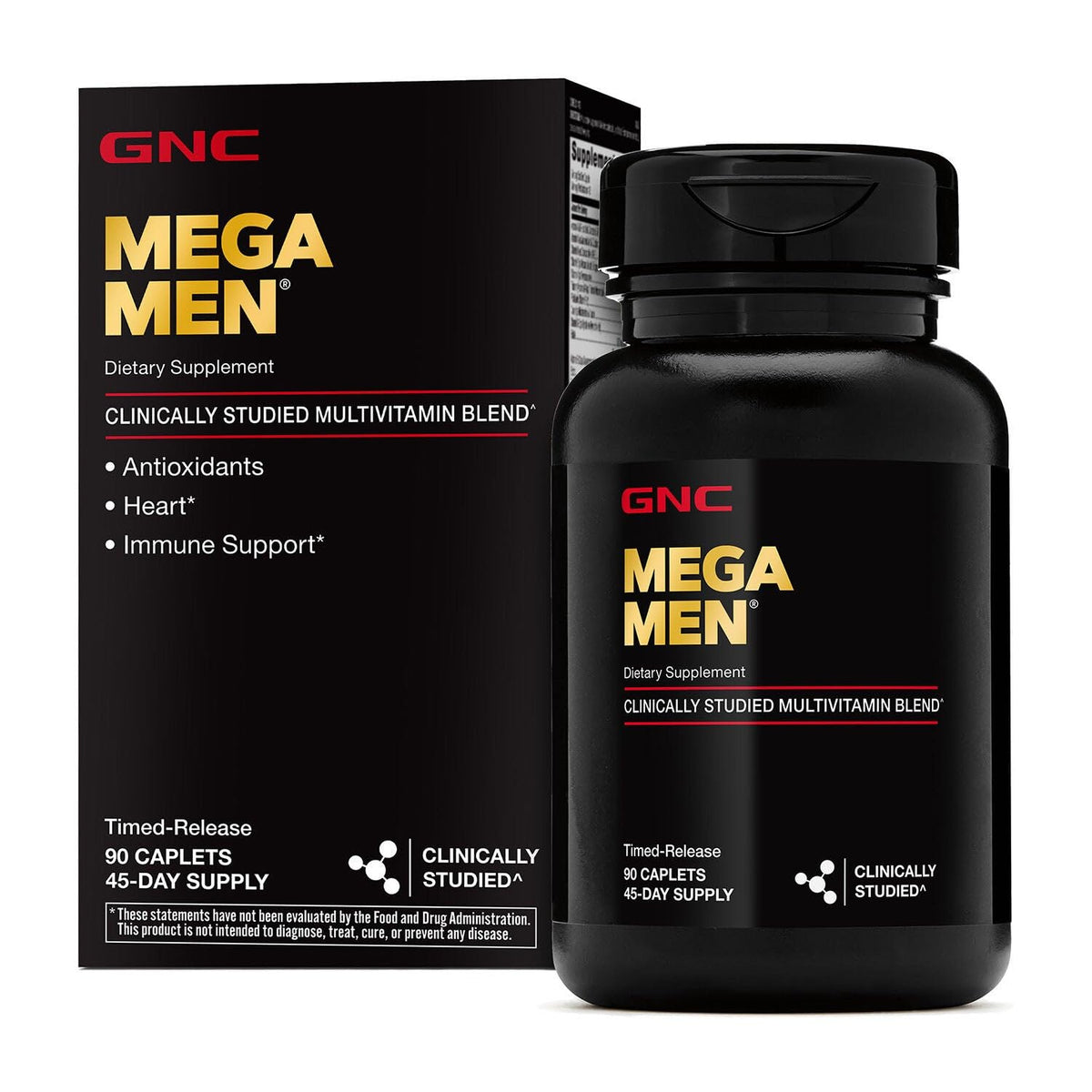 GNC Mega Men multivitamin bottle front showing time-release formula for daily support