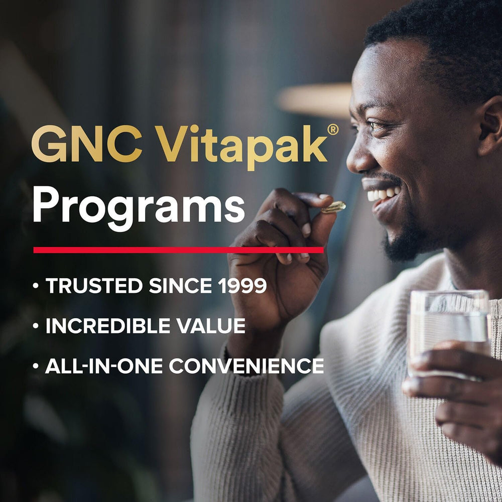 GNC Mega Men on-the-go daily packs image underscores convenience