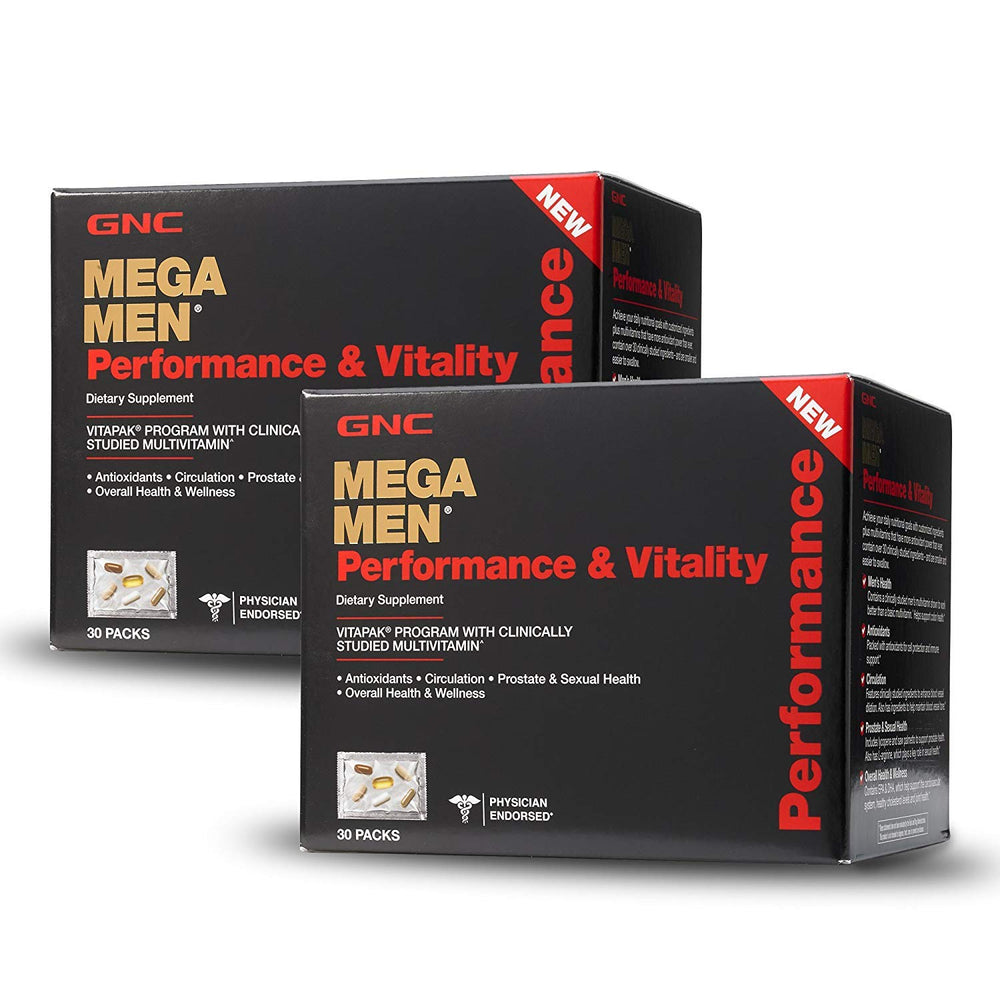 GNC Mega Men Performance Vitality 30 packs pills for daily wellness and performance support.