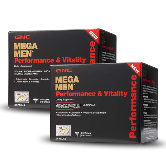 GNC Mega Men Performance Vitality 30 packs pills for daily wellness and performance support.