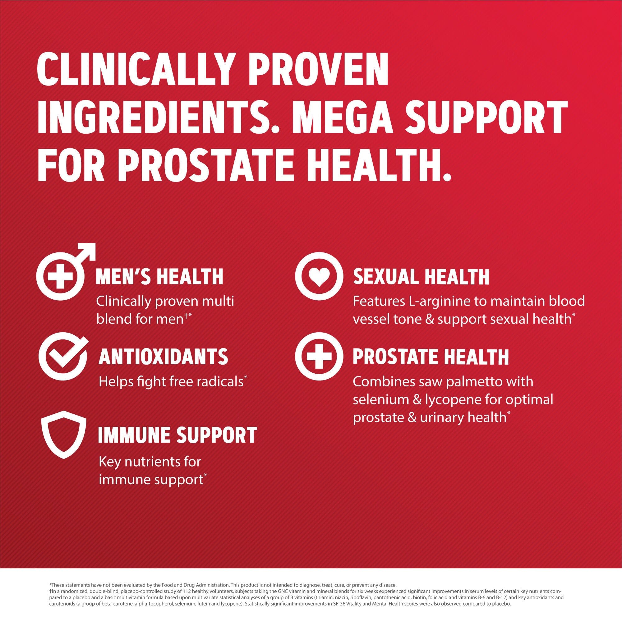 GNC Mega Men Prostate and Virility saw palmetto lycopene mention visual emphasize benefits.
