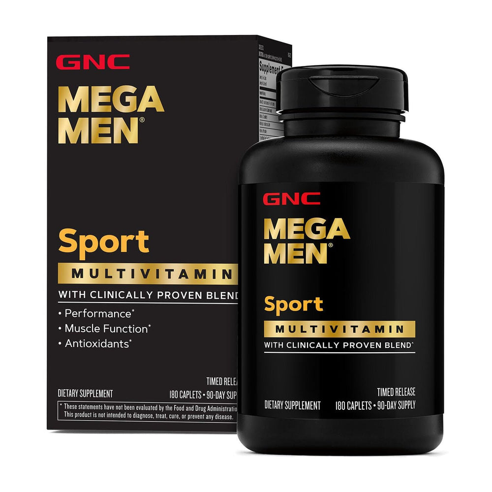 GNC Mega Men Sport bottle front highlights a compact multivitamin for active lifestyles.