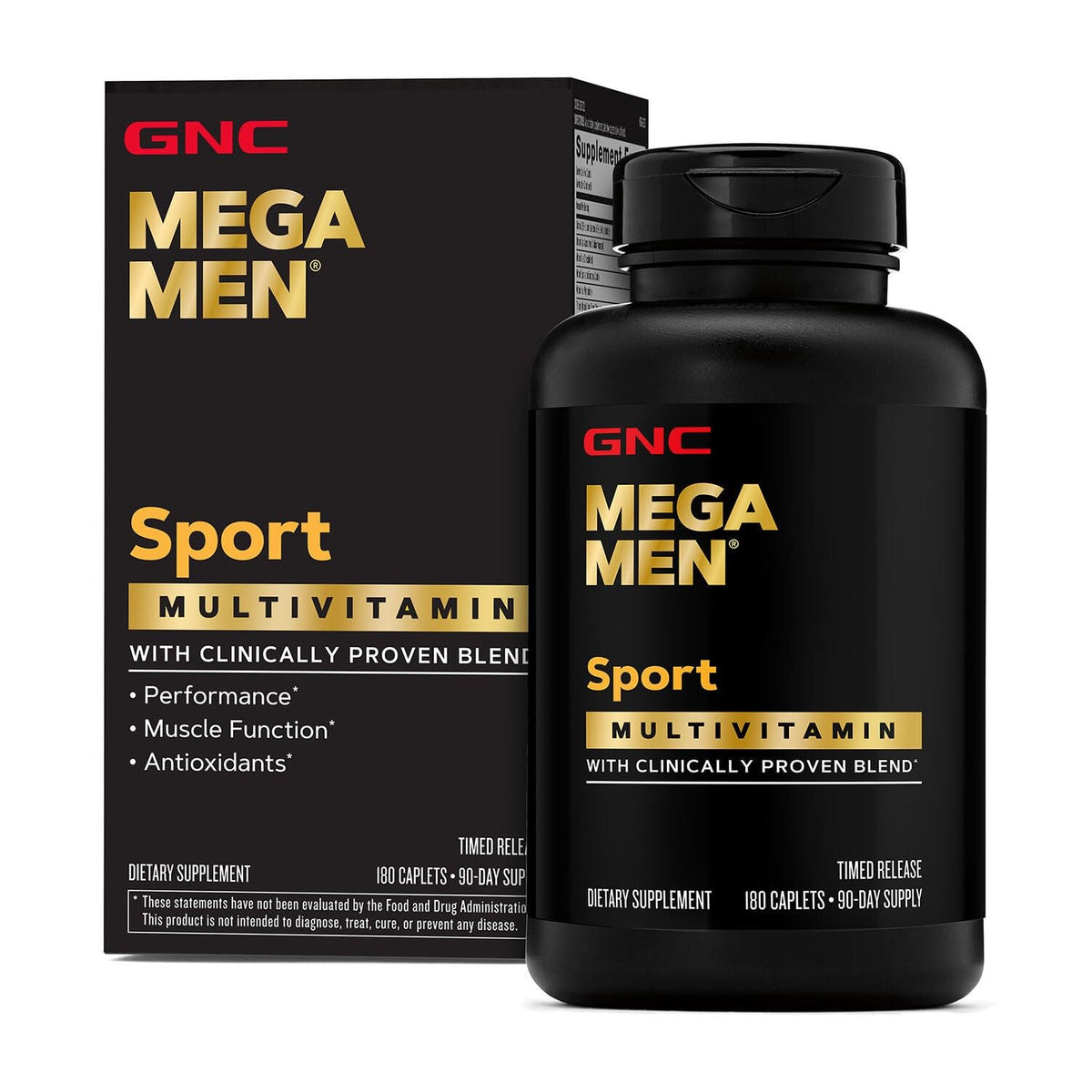 GNC Mega Men Sport bottle front highlights a compact multivitamin for active lifestyles.