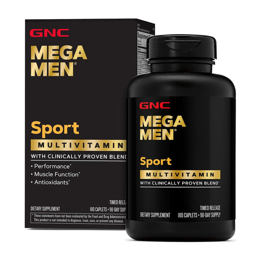 GNC Mega Men Sport bottle front highlights a compact multivitamin for active lifestyles.