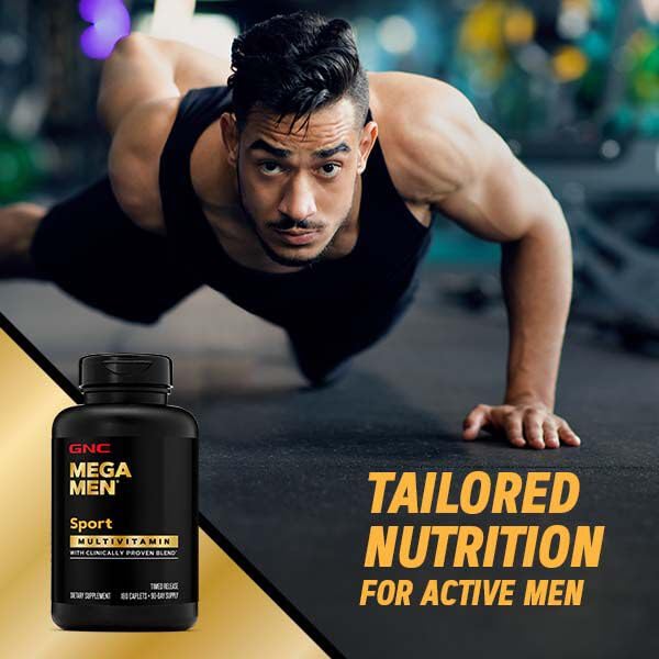 GNC Mega Men Sport ingredients chart highlighting essential vitamins