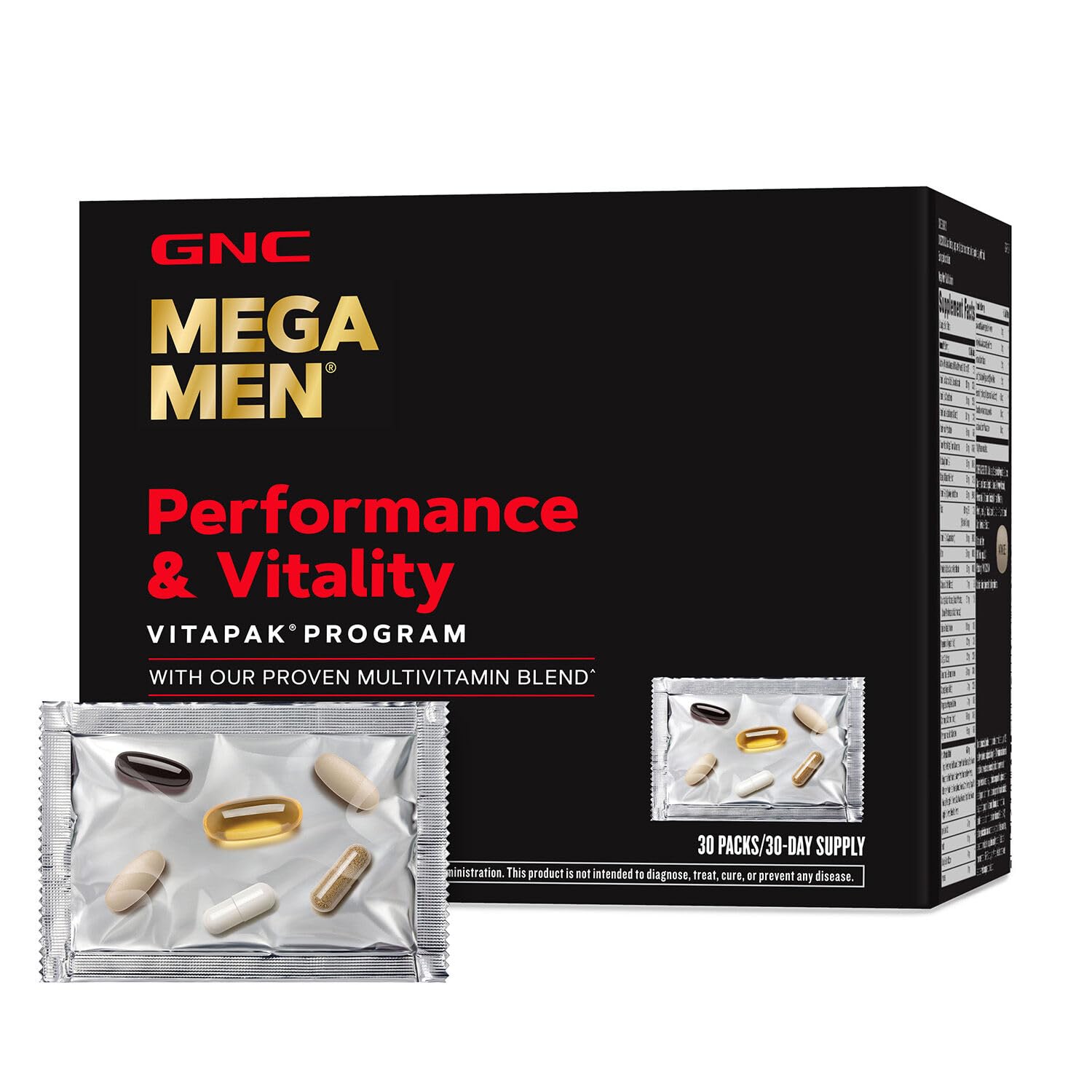 GNC Mega Men Vitapak box front showing all-in-one nutrition for men.