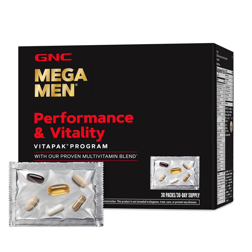 GNC Mega Men Vitapak box front showing all-in-one nutrition for men.