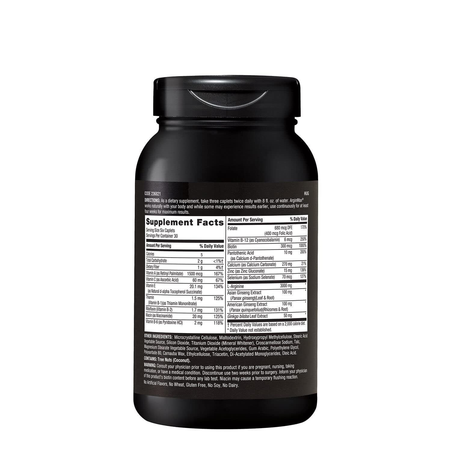 GNC Mens ArginMax bottle label close-up highlighting L-Arginine and ginseng blend for vitality