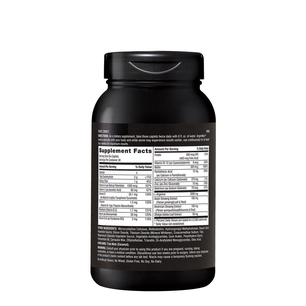 GNC Mens ArginMax bottle label close-up highlighting L-Arginine and ginseng blend for vitality