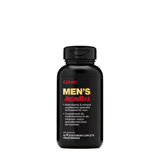 GNC Mens ArginMax bottle pour illustrating convenient daily dosage for steady energy support.