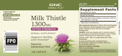 GNC Milk Thistle 1300mg caplets being poured, suggesting simple one a day dosing.
