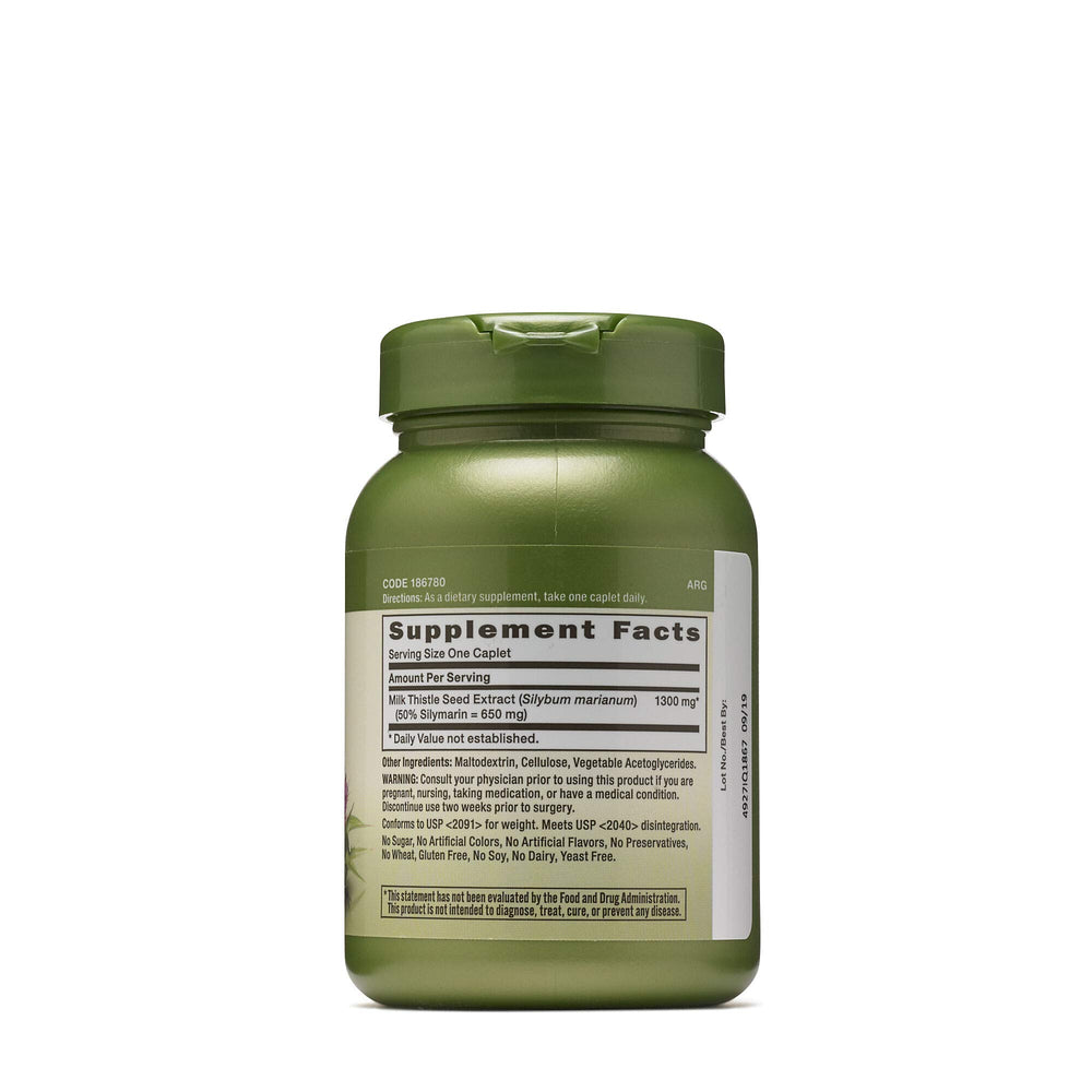 GNC Milk Thistle 1300mg capsules close-up, vegetarian and gluten-free formulation.