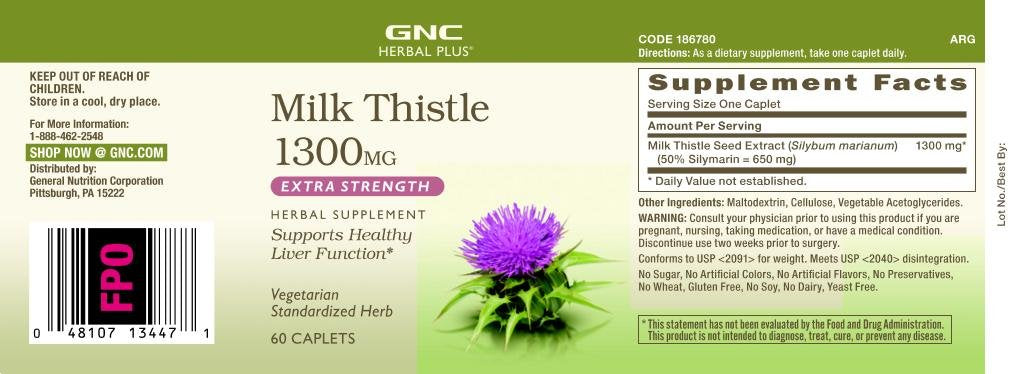 GNC Milk Thistle 1300mg vegetarian formula label showing strength.
