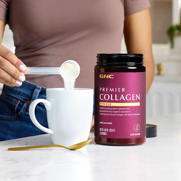 GNC Premier Collagen Powder highlighting zinc and copper ingredients.