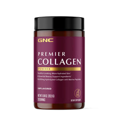 GNC Premier Collagen Powder bottle showing unflavored formula for daily use.
