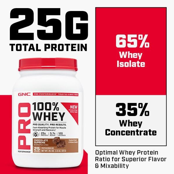 GNC Pro Performance 100% Whey Chocolate label highlights gluten-free protein.