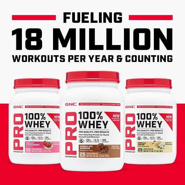 GNC Pro Performance 100% Whey Chocolate nutrition panel on packaging.