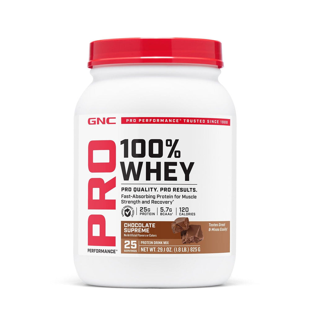 GNC Pro Performance 100% Whey Chocolate powder in bag for fast-absorbing protein.