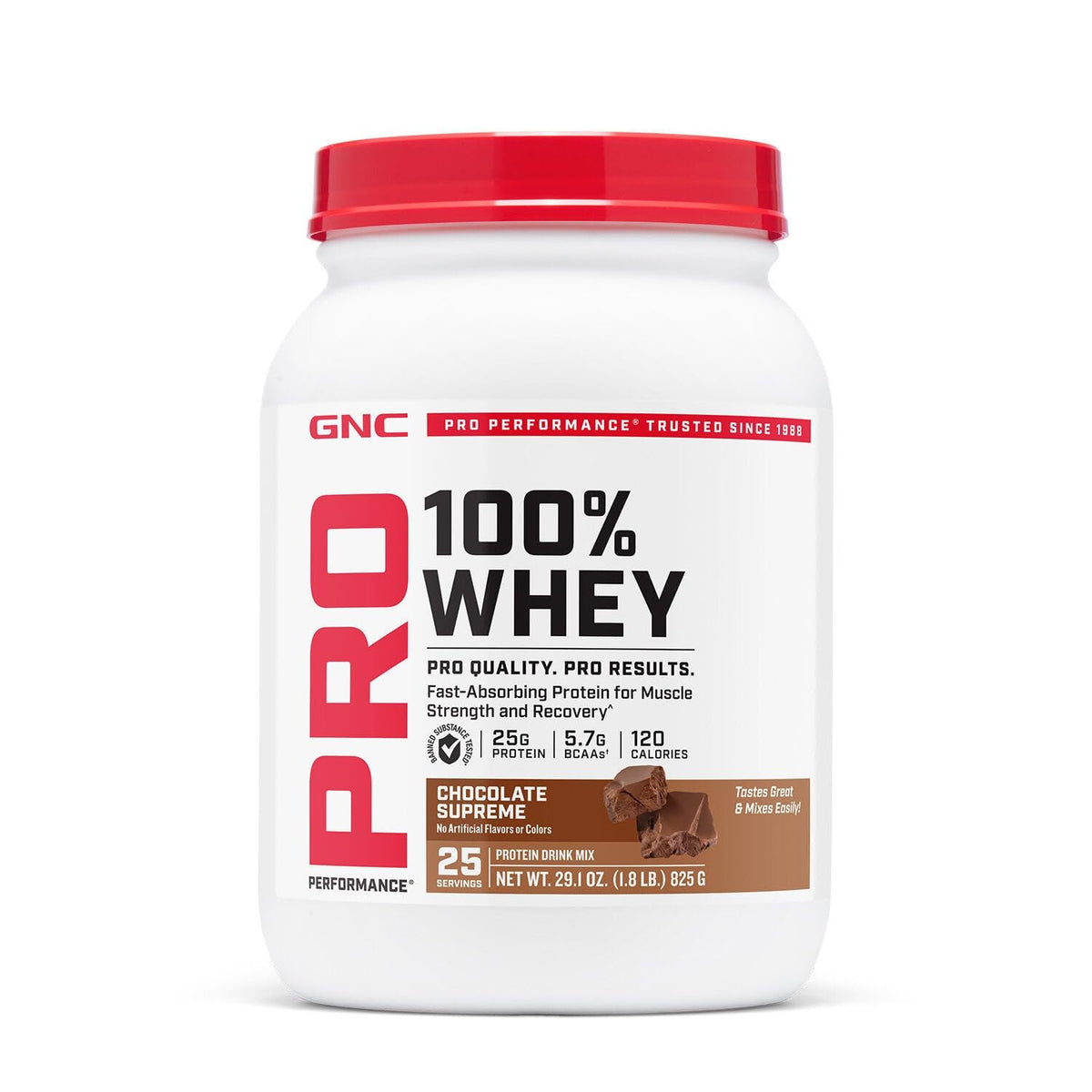 GNC Pro Performance 100% Whey Chocolate powder in bag for fast-absorbing protein.