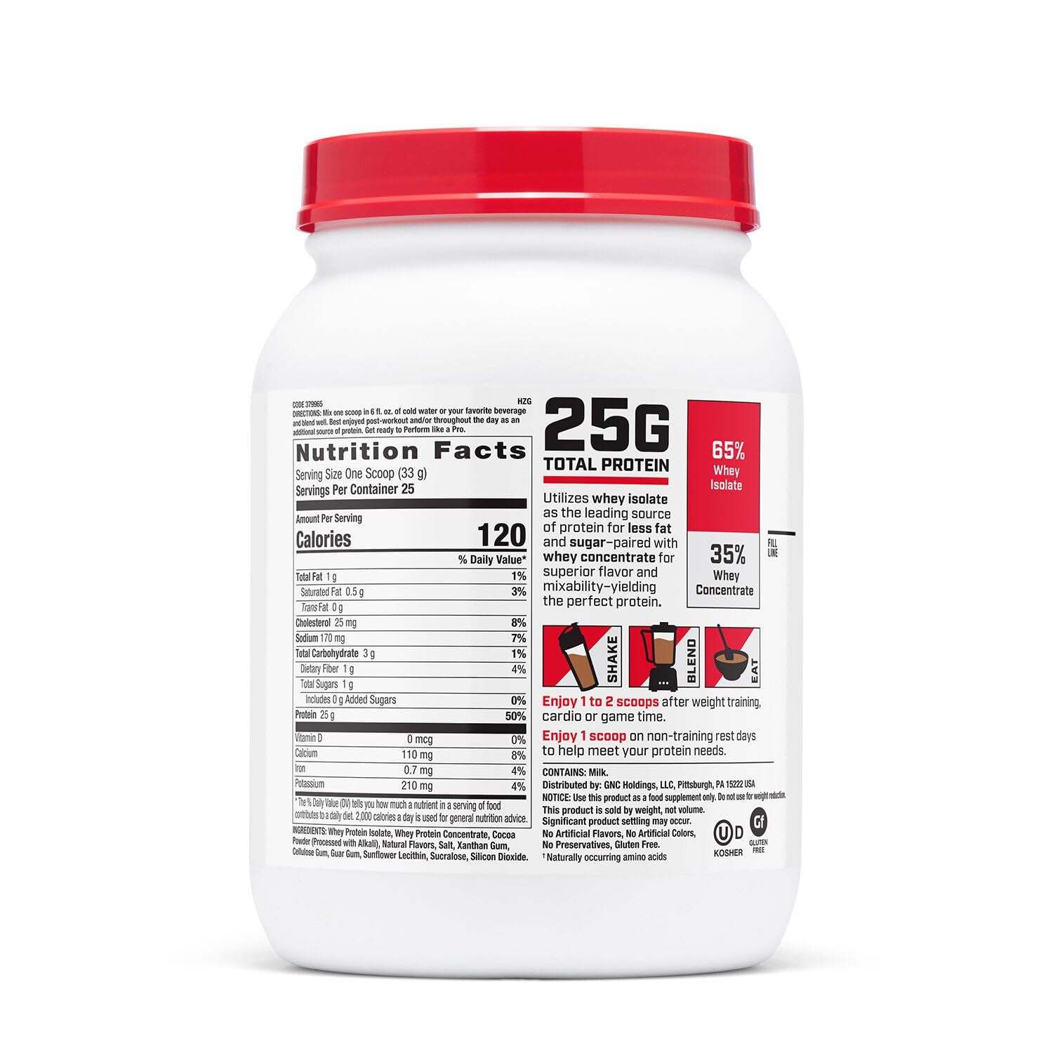 GNC Pro Performance 100% Whey Chocolate serving scoop for precise portions.