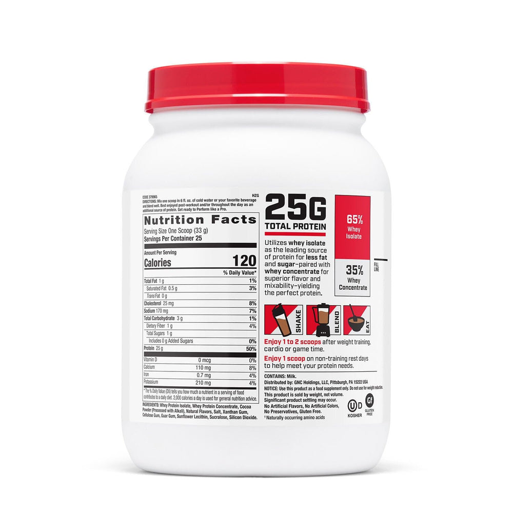 GNC Pro Performance 100% Whey Chocolate serving scoop for precise portions.