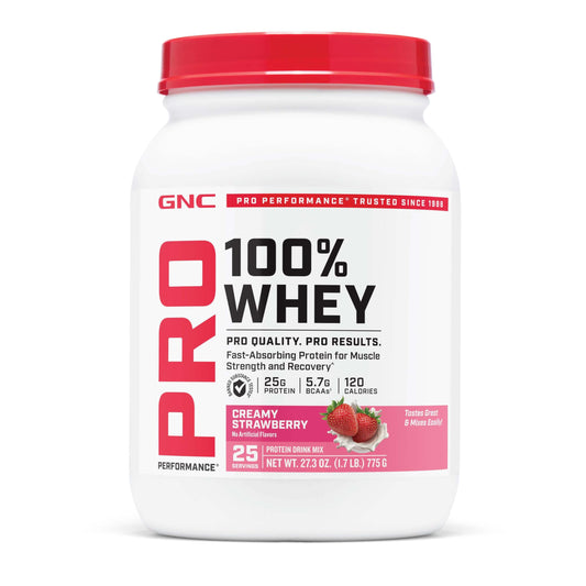 GNC Pro Performance 100% Whey Protein 2.0 front label strawberry for post-workout fueling