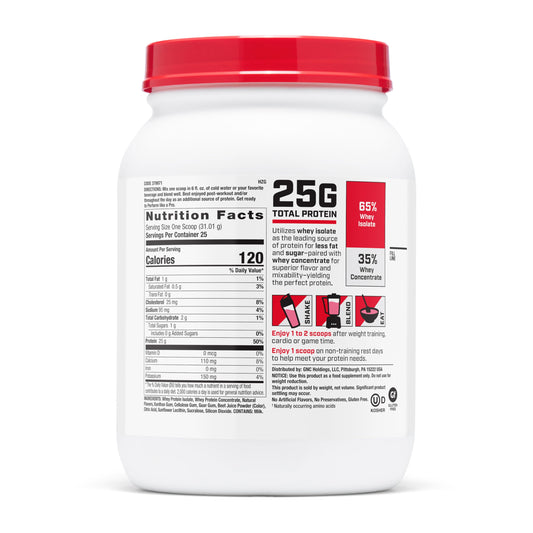 GNC Pro Performance 100% Whey Protein 2.0 tub side nutrition facts support informed choices