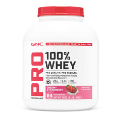 GNC Pro Performance 100% Whey Strawberry container for post-workout fueling.