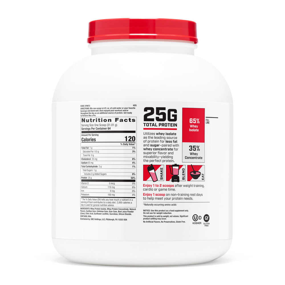 GNC 100% Whey Strawberry scoop for precise protein servings after training.