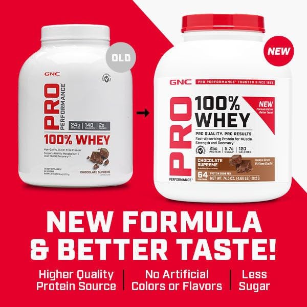 GNC Pro Performance shake container with Strawberry whey powder for quick shakes.