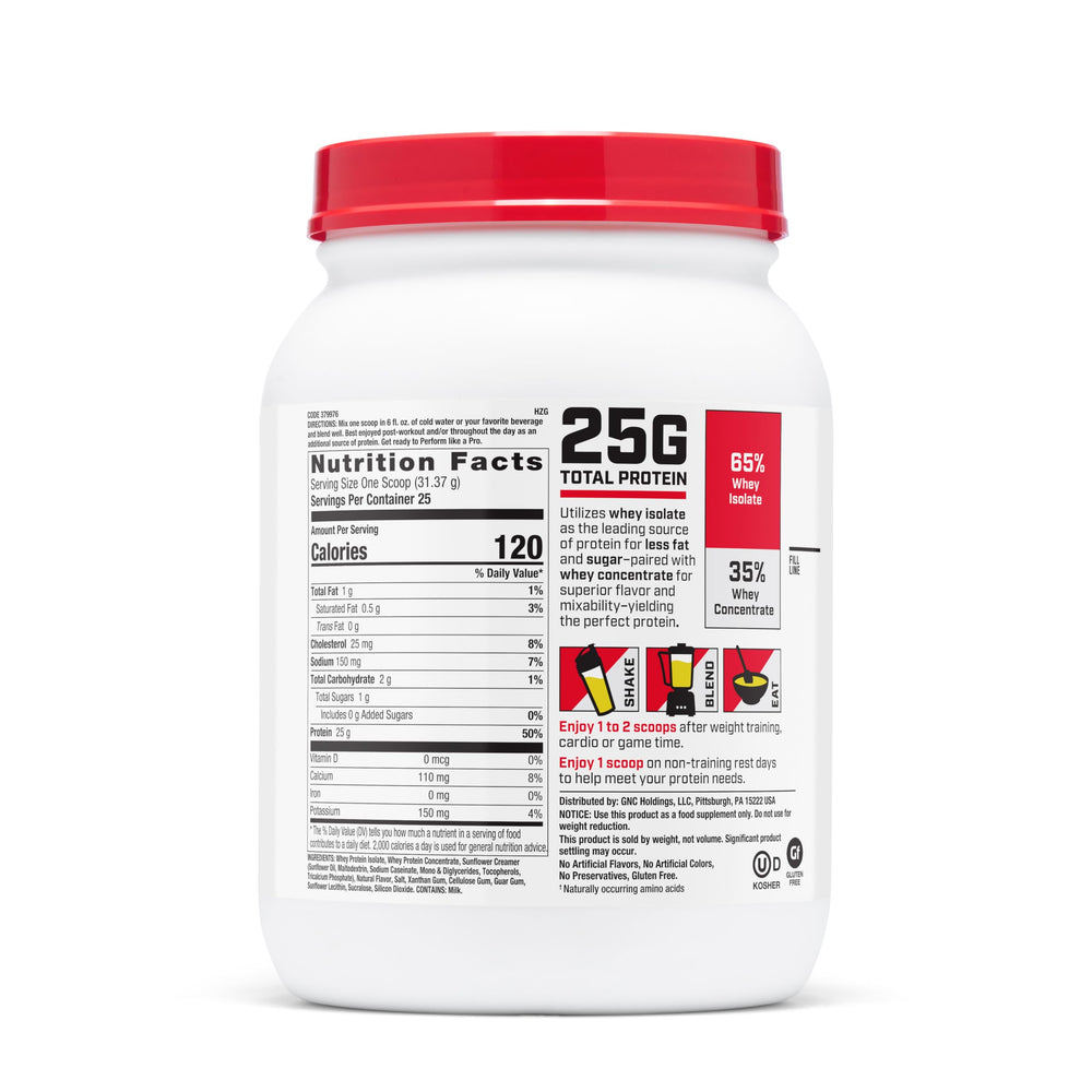 GNC Pro Performance 100% Whey Banana Cream shake shown in glass