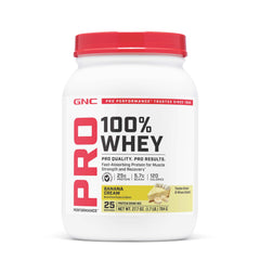 GNC Pro Performance 100% Whey Banana Cream tub for post-workout fueling