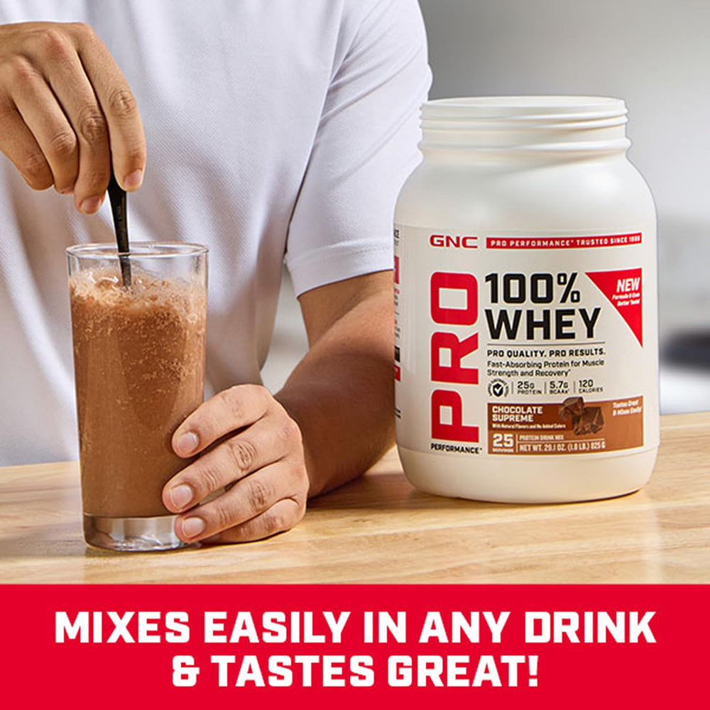 GNC Pro Performance 100% Whey serving cup illustrating portion