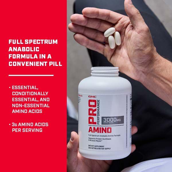GNC Pro Performance Amino 3000 label shows EAAs and BCAAs for muscle support