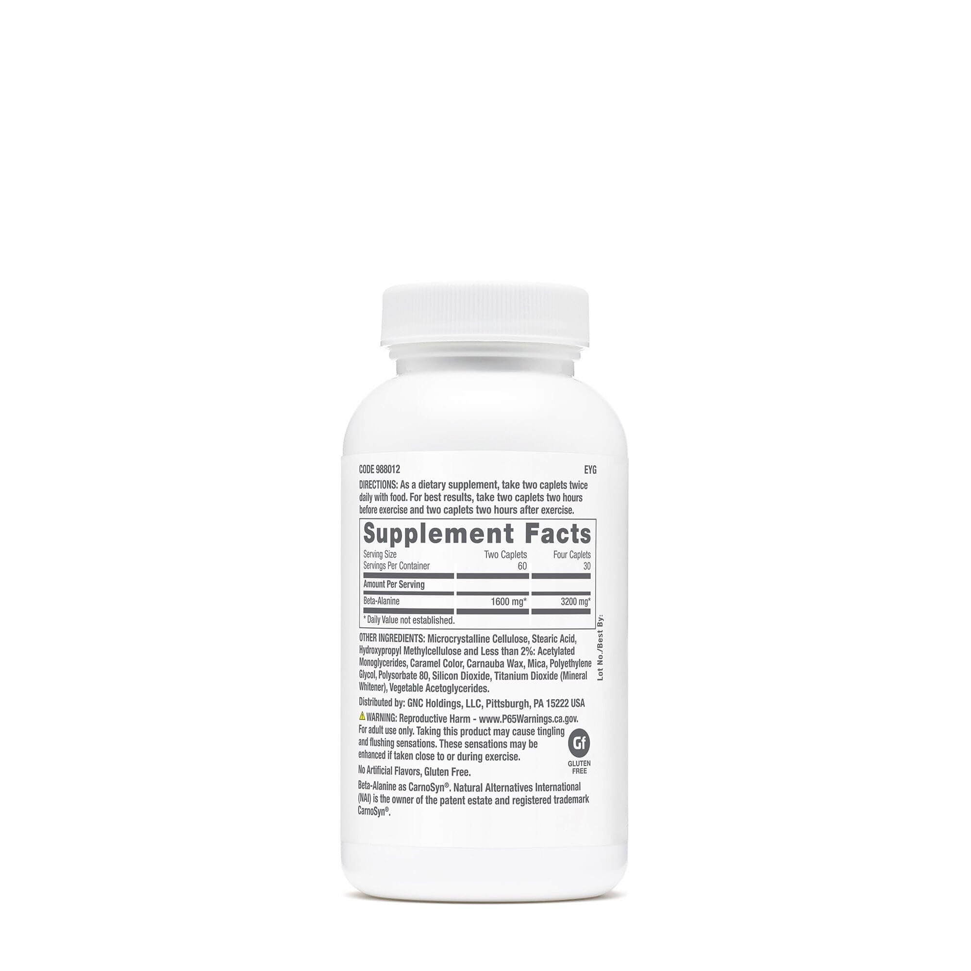 GNC Pro Performance Beta-Alanine bottle side view highlights gluten-free, third-party tested formula.