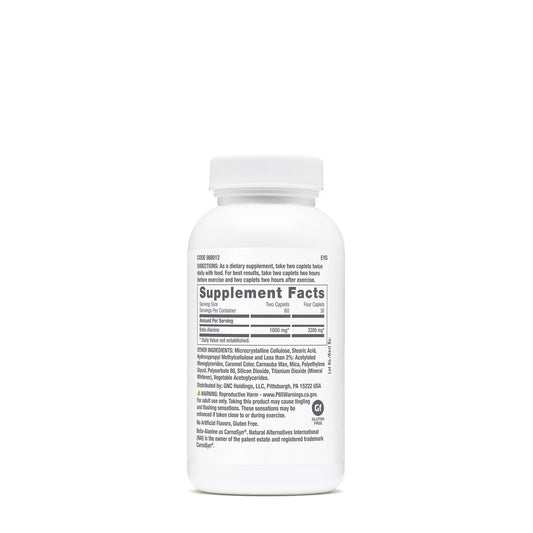 GNC Pro Performance Beta-Alanine bottle side view highlights gluten-free, third-party tested formula.
