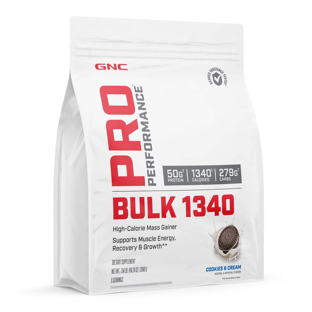 GNC Pro Performance Bulk 1340 Cookies & Cream bottle for mass gain shakes