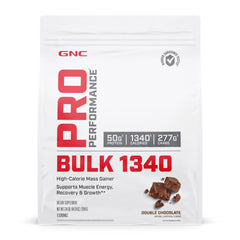 GNC Pro Performance Bulk 1340 double-chocolate bottle closeup with label and nutrition details
