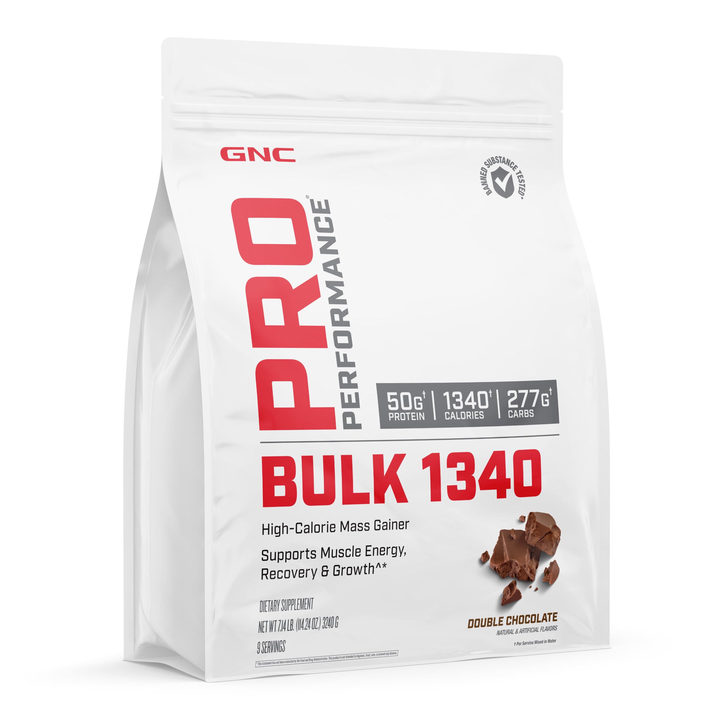GNC Pro Performance Bulk 1340 double-chocolate tub showing high-calorie mass gainer for workouts