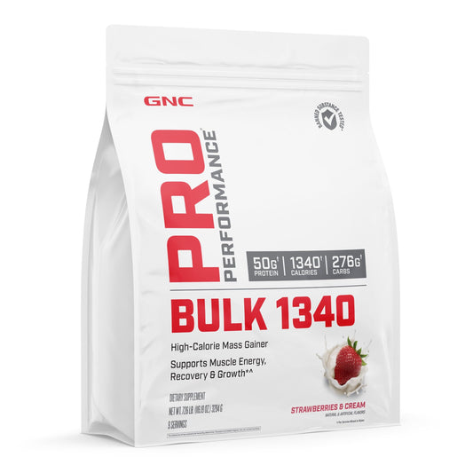 GNC Pro Performance Bulk 1340 mass gainer tub boosts calories for training days