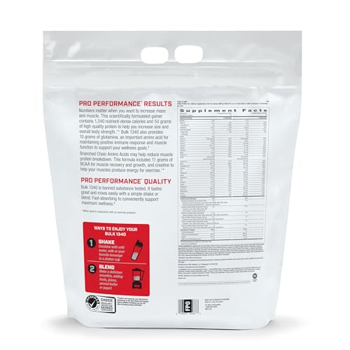 GNC Pro Performance Bulk 1340 tub closeup highlights whey protein per serving