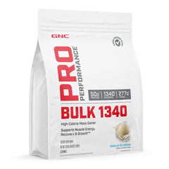 GNC Bulk 1340 vanilla ice cream powder in jar for creamy mass-building shakes