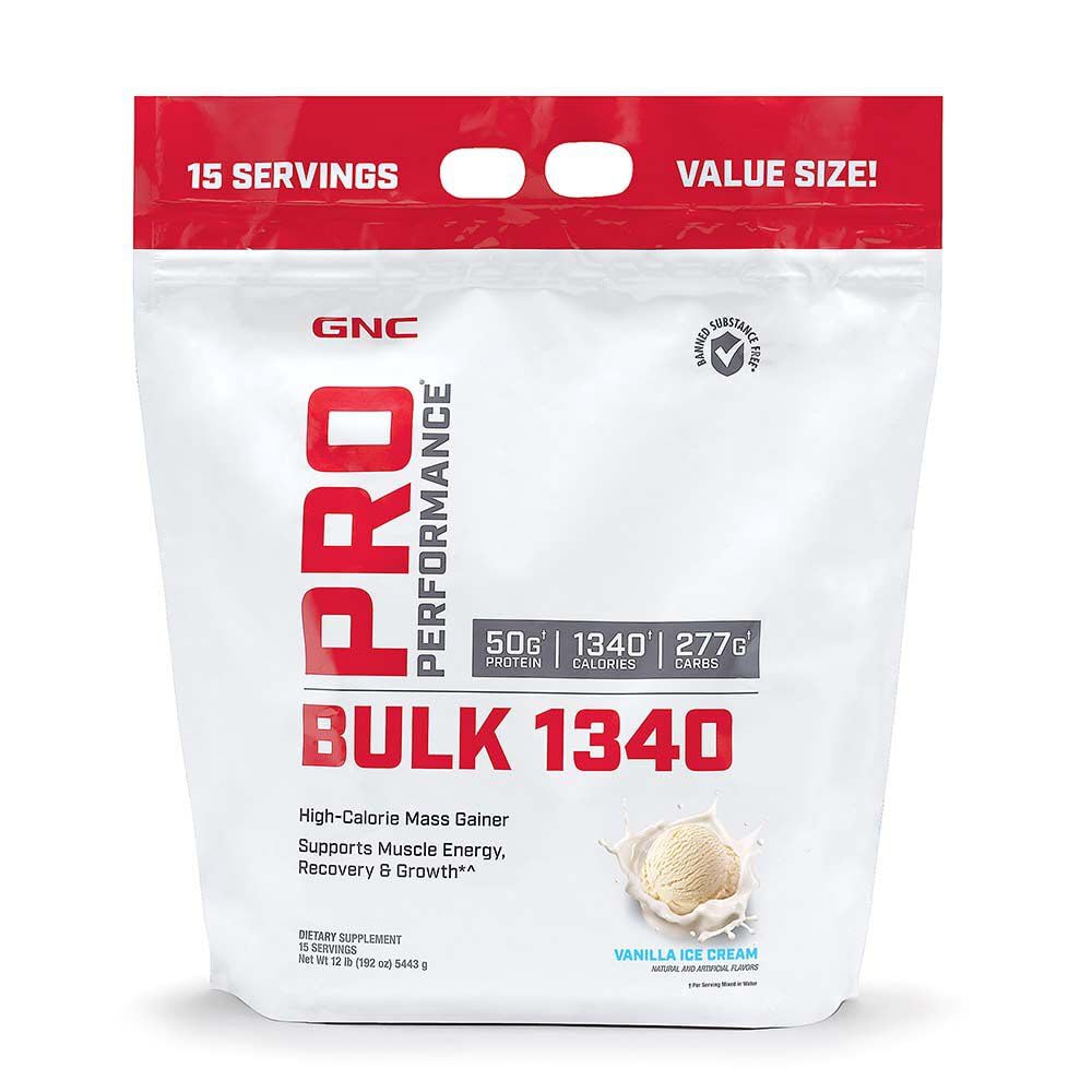 GNC Pro Performance Bulk 1340 tub close-up showing high-calorie mass gain formula