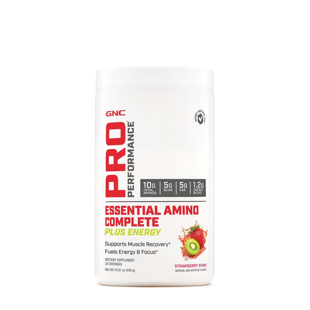GNC Pro Performance Essential Amino Complete Plus Energy bottle pouring for hydration and recovery.