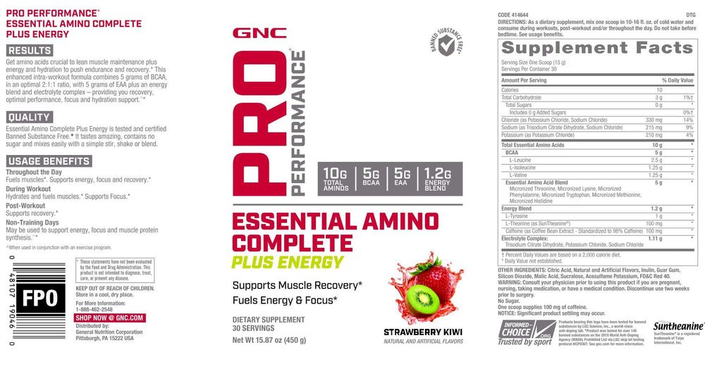 GNC Pro Performance shaker with Essential Amino Complete Plus Energy for training energy and focus.