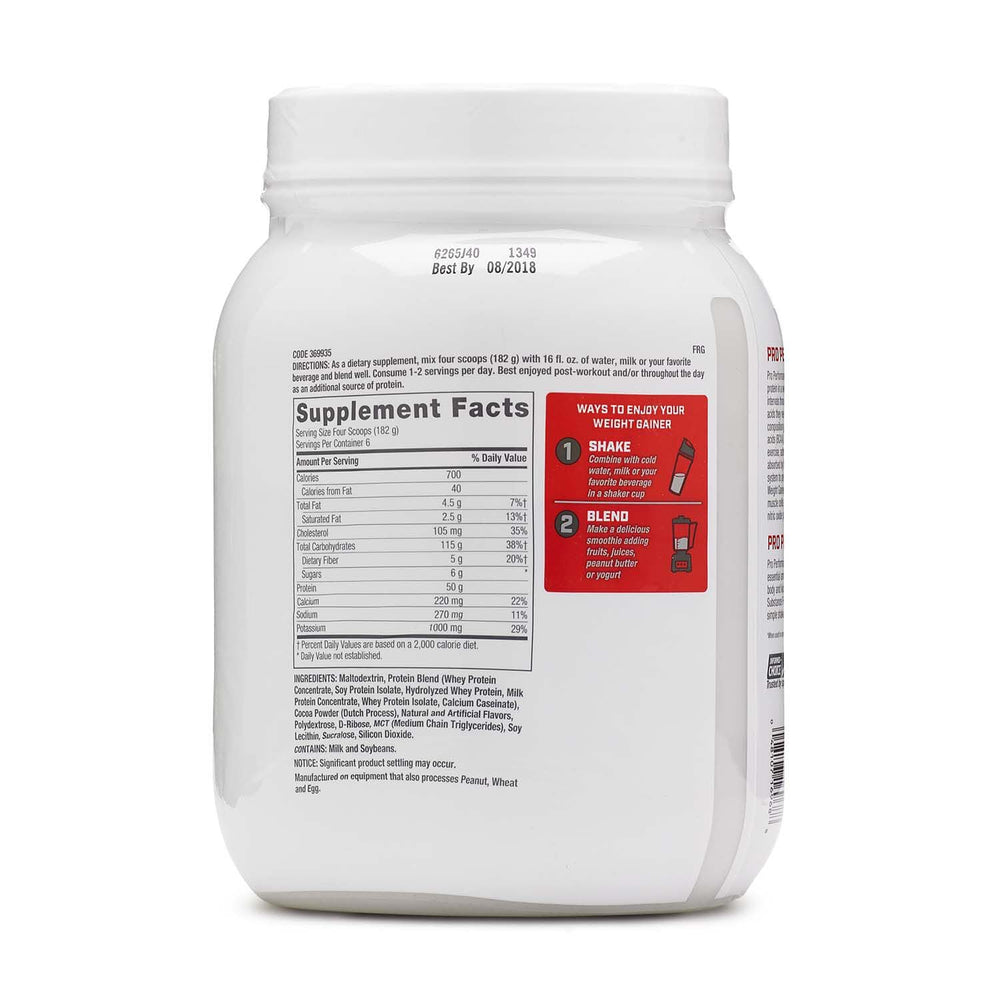 GNC Pro Performance Weight Gainer bottle back shows complete ingredient label for transparency.