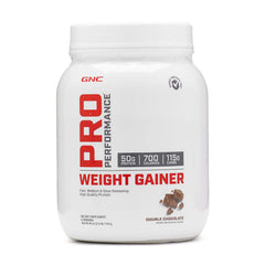 GNC Pro Performance Weight Gainer bottle front highlights high-protein nutrition for busy days.