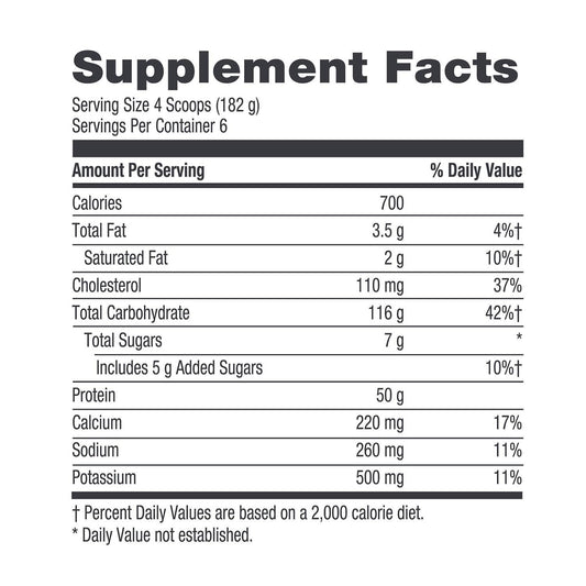 GNC weight gainer scoop serving shows protein-rich blend for quick-to-slow release